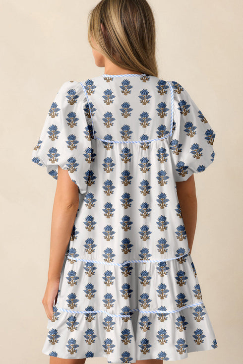 Southern Belle Puff Sleeve Tied Neck Pocketed Floral Dress