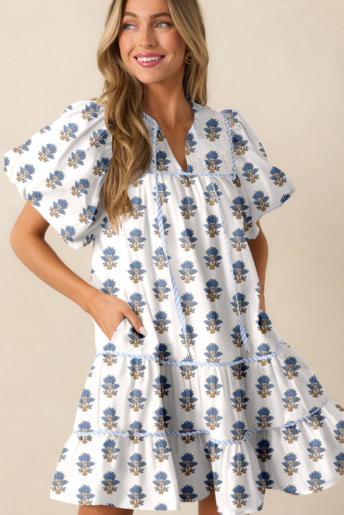 Southern Belle Puff Sleeve Tied Neck Pocketed Floral Dress