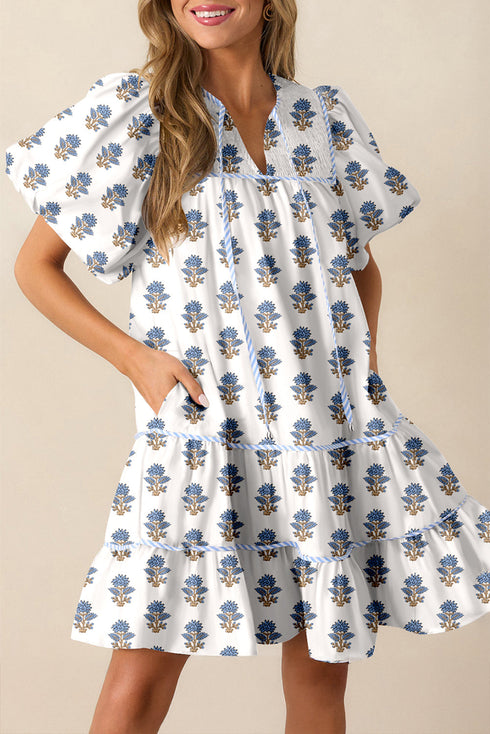 Southern Belle Puff Sleeve Tied Neck Pocketed Floral Dress