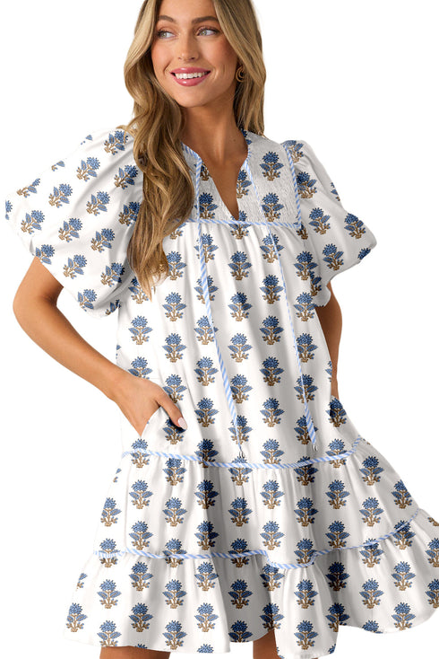 Southern Belle Puff Sleeve Tied Neck Pocketed Floral Dress