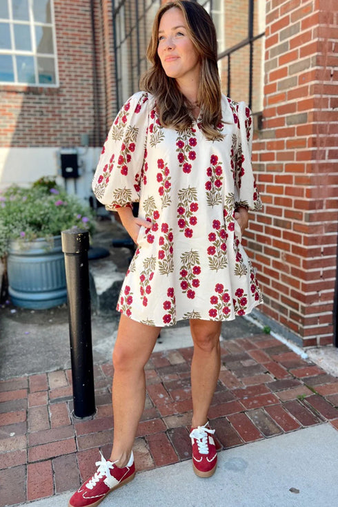 Southern Belle Puff Sleeve V Neck Mini Floral Dress