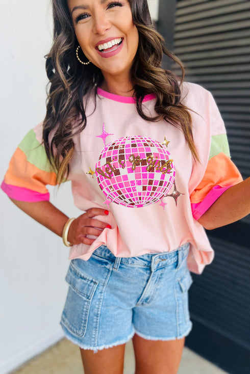 Southern Belle Sequin Disco Ball Color Block Sleeve Graphic Tee
