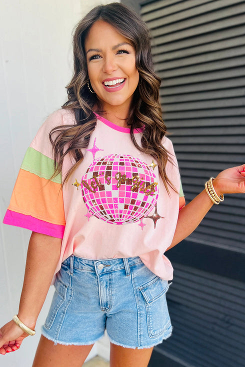 Southern Belle Sequin Disco Ball Color Block Sleeve Graphic Tee