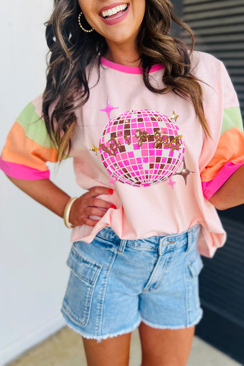 Southern Belle Sequin Disco Ball Color Block Sleeve Graphic Tee