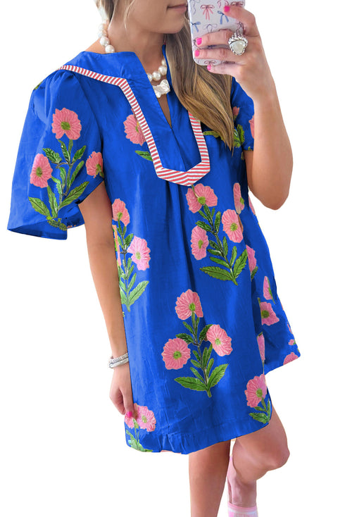 Southern Belle Short Sleeve Split Neck Floral Dress