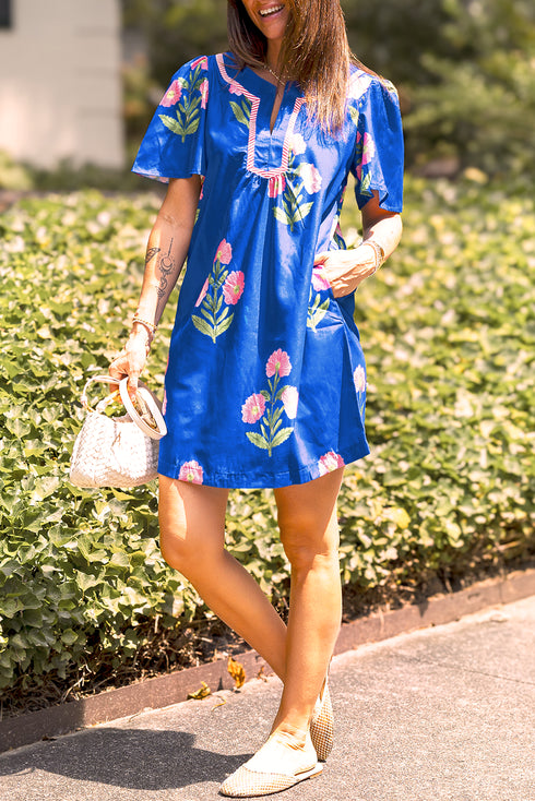 Southern Belle Short Sleeve Split Neck Floral Dress