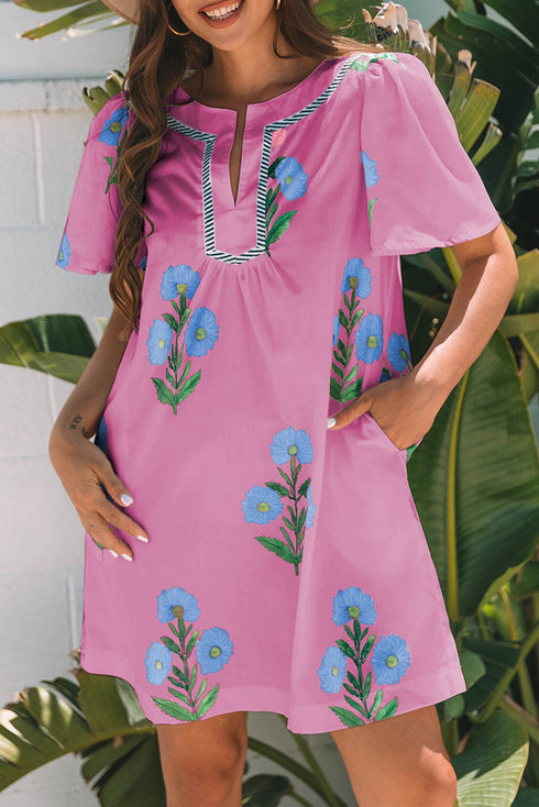 Southern Belle Short Sleeve Split Neck Floral Dress