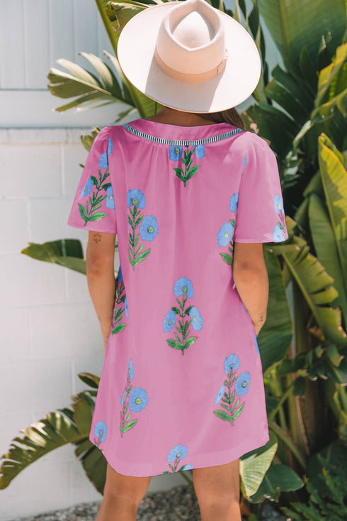 Southern Belle Short Sleeve Split Neck Floral Dress