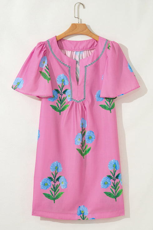 Southern Belle Short Sleeve Split Neck Floral Dress