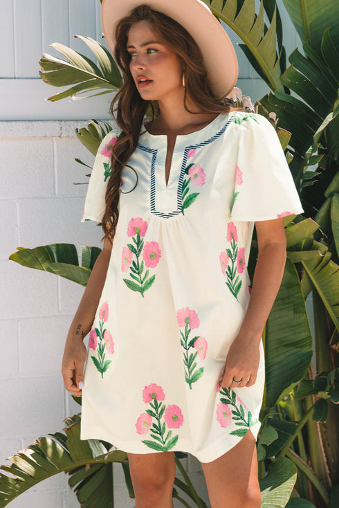 Southern Belle Short Sleeve Split Neck Floral Dress