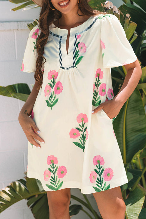 Southern Belle Short Sleeve Split Neck Floral Dress