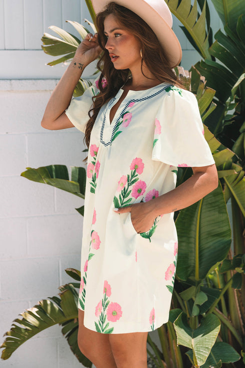 Southern Belle Short Sleeve Split Neck Floral Dress