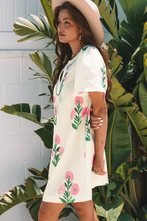 Southern Belle Short Sleeve Split Neck Floral Dress