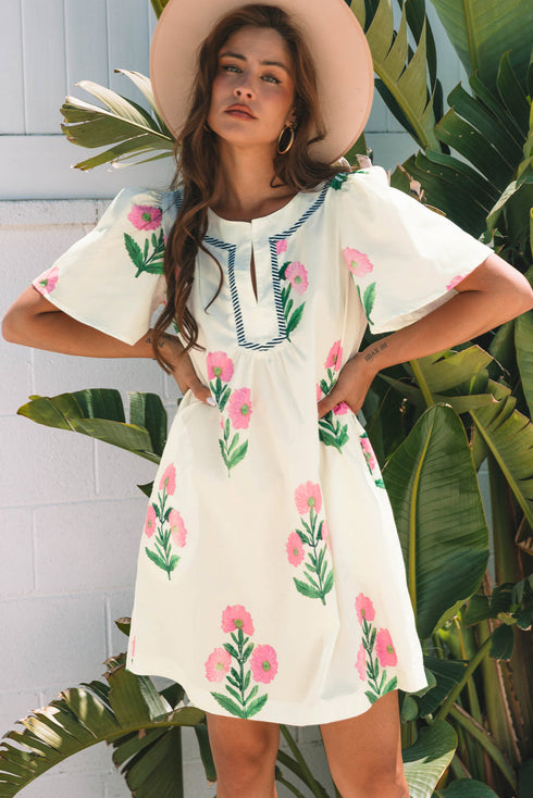 Southern Belle Short Sleeve Split Neck Floral Dress