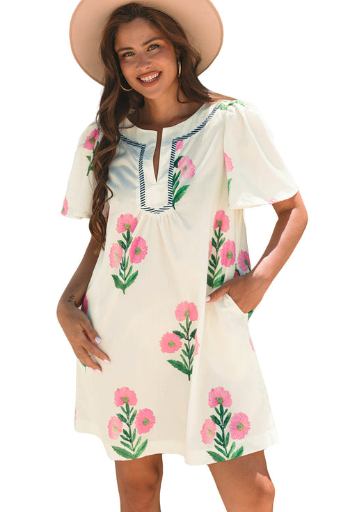 Southern Belle Short Sleeve Split Neck Floral Dress