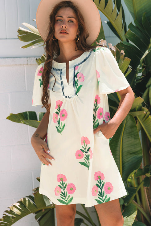 Southern Belle Short Sleeve Split Neck Floral Dress