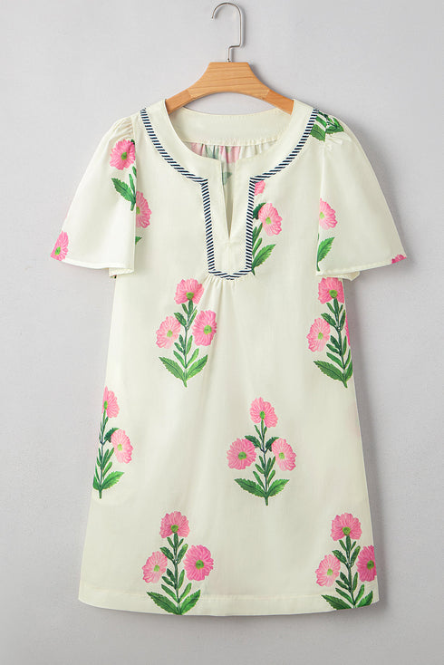 Southern Belle Short Sleeve Split Neck Floral Dress