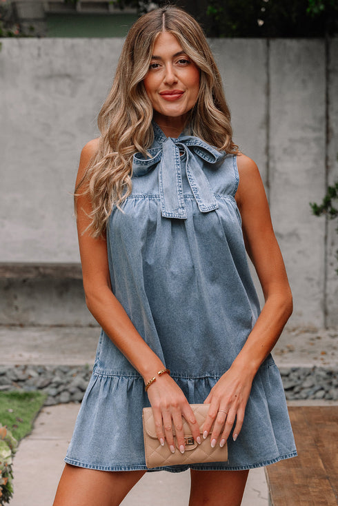 Southern Belle Sleeveless Ruffled Bowknot Denim Mini Dress