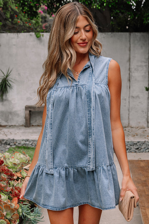 Southern Belle Sleeveless Ruffled Bowknot Denim Mini Dress