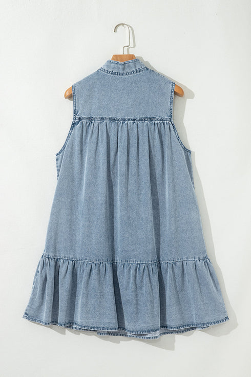 Southern Belle Sleeveless Ruffled Bowknot Denim Mini Dress