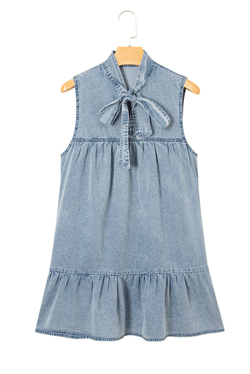 Southern Belle Sleeveless Ruffled Bowknot Denim Mini Dress