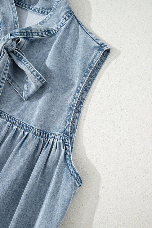 Southern Belle Sleeveless Ruffled Bowknot Denim Mini Dress