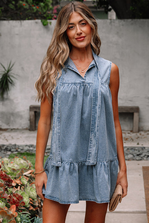 Southern Belle Sleeveless Ruffled Bowknot Denim Mini Dress