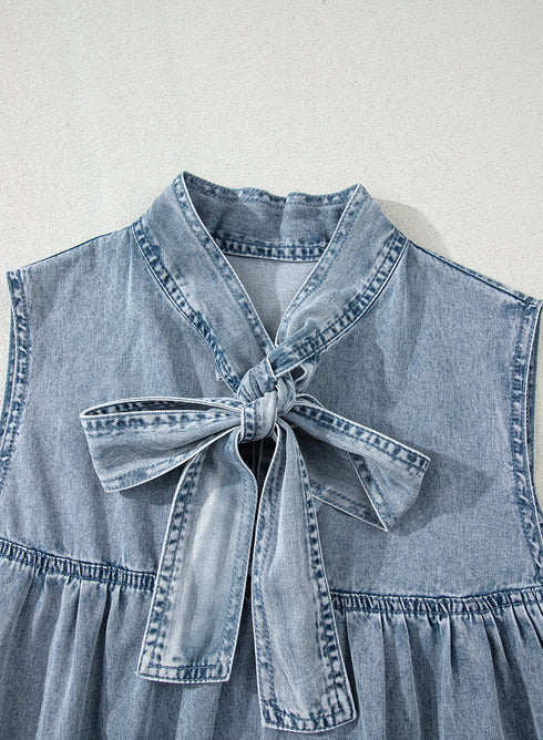 Southern Belle Sleeveless Ruffled Bowknot Denim Mini Dress