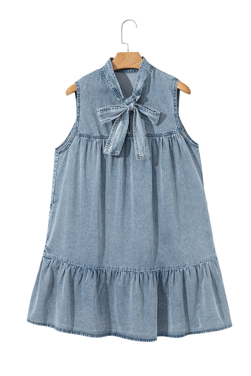 Southern Belle Sleeveless Ruffled Bowknot Denim Mini Dress