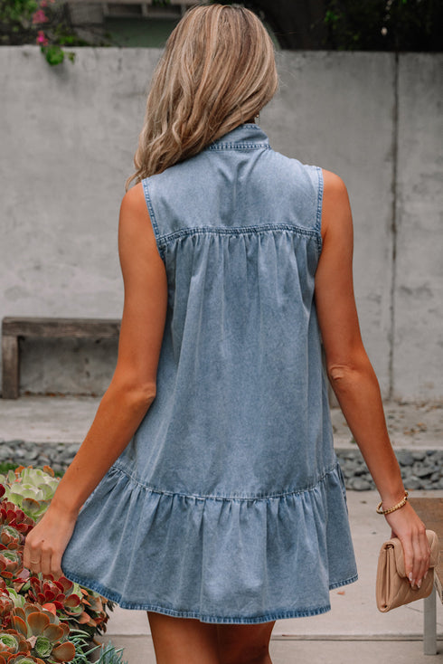 Southern Belle Sleeveless Ruffled Bowknot Denim Mini Dress