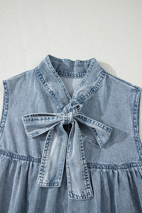 Southern Belle Sleeveless Ruffled Bowknot Denim Mini Dress
