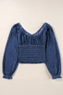 Southern Belle Smocked Ruffled Puff Sleeve Denim Blouse