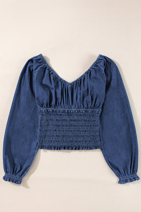 Southern Belle Smocked Ruffled Puff Sleeve Denim Blouse