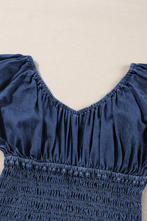 Southern Belle Smocked Ruffled Puff Sleeve Denim Blouse