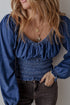 Southern Belle Smocked Ruffled Puff Sleeve Denim Blouse