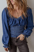 Southern Belle Smocked Ruffled Puff Sleeve Denim Blouse