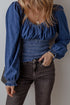 Southern Belle Smocked Ruffled Puff Sleeve Denim Blouse