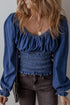 Southern Belle Smocked Ruffled Puff Sleeve Denim Blouse