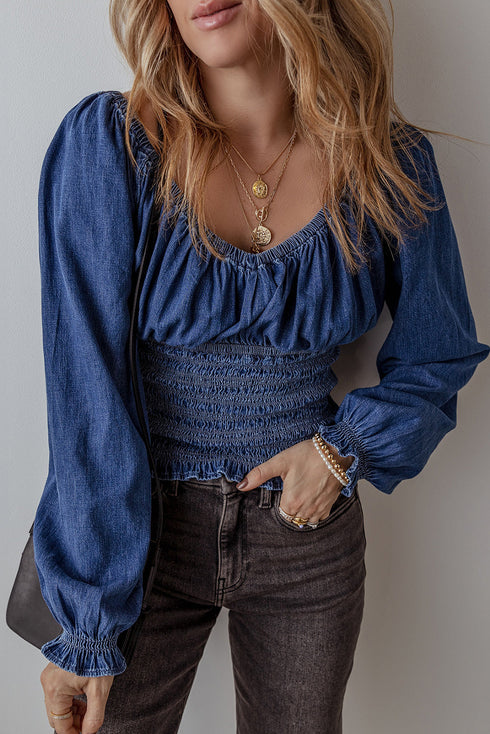 Southern Belle Smocked Ruffled Puff Sleeve Denim Blouse