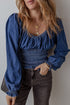 Southern Belle Smocked Ruffled Puff Sleeve Denim Blouse