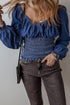 Southern Belle Smocked Ruffled Puff Sleeve Denim Blouse