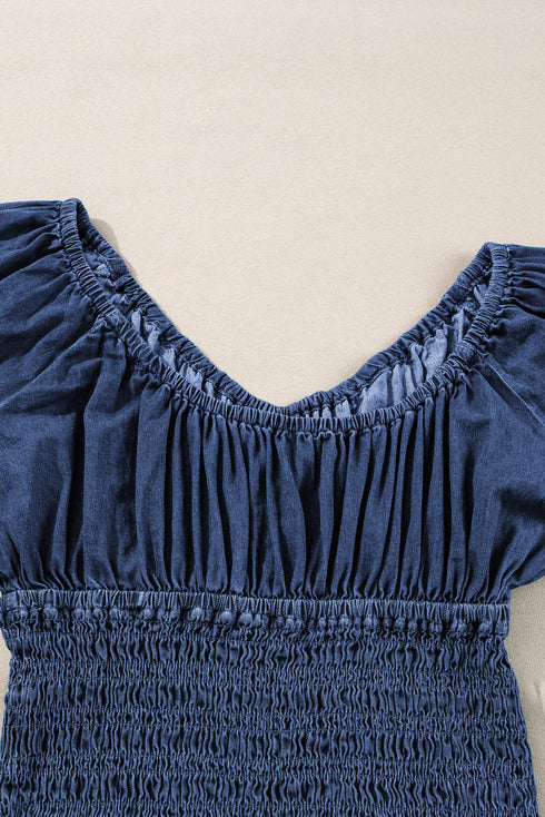 Southern Belle Smocked Ruffled Puff Sleeve Denim Blouse