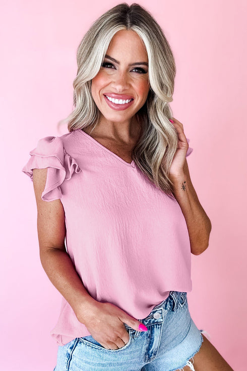 Southern Belle Solid V Neck Ruffled Tank Top