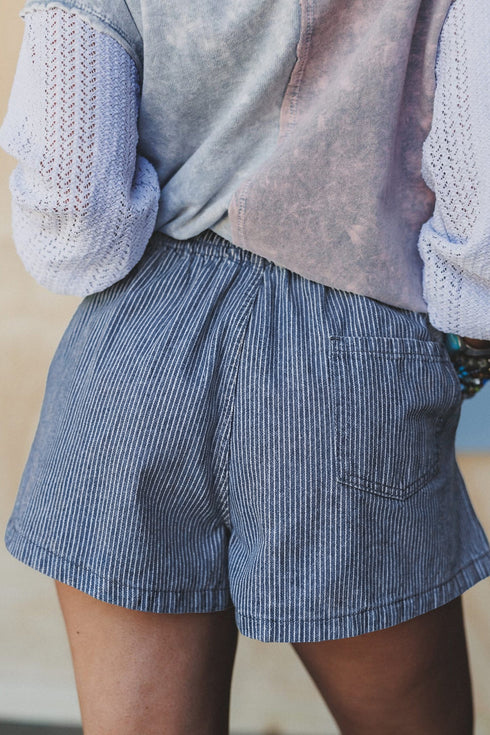 Southern Belle Striped Drawstring Elastic Waist Denim Shorts
