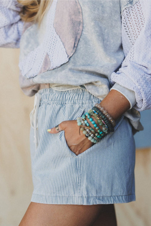 Southern Belle Striped Drawstring Elastic Waist Denim Shorts