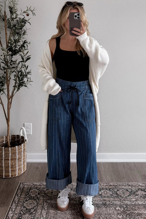 Southern Belle Striped Drawstring Pocketed Loose Jeans