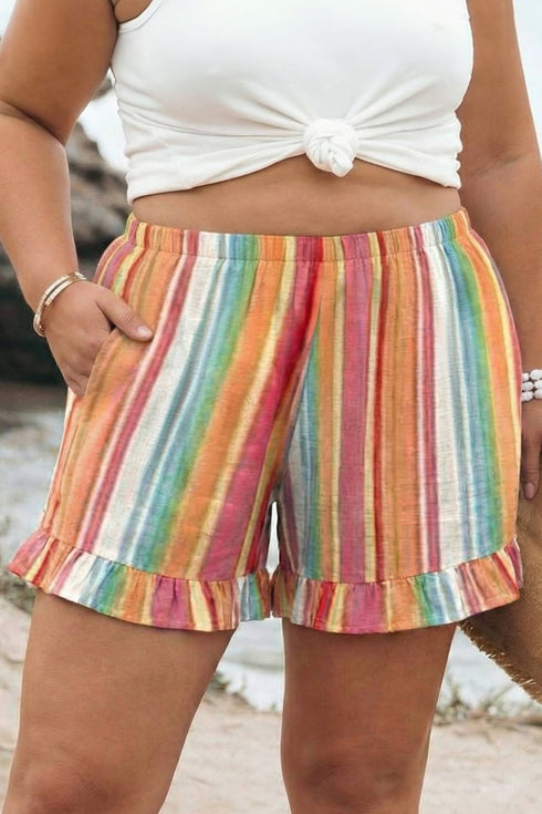 Southern Belle Striped Elastic Waist Ruffle Hem Shorts
