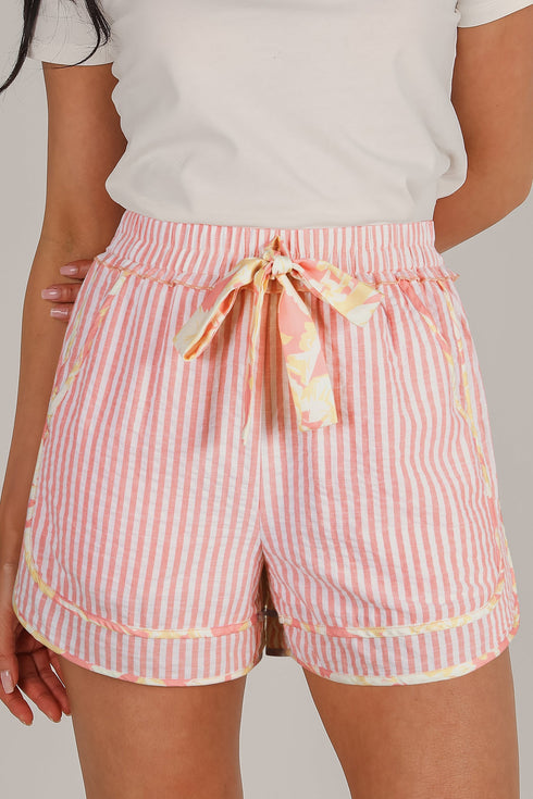 Southern Belle Striped Floral Trim Bow Casual Shorts