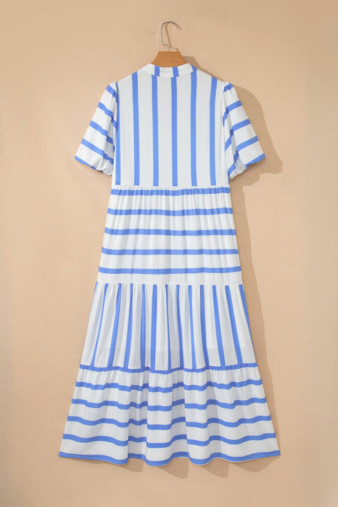 Southern Belle Striped Ricrac Trim Puff Sleeve Midi Dress