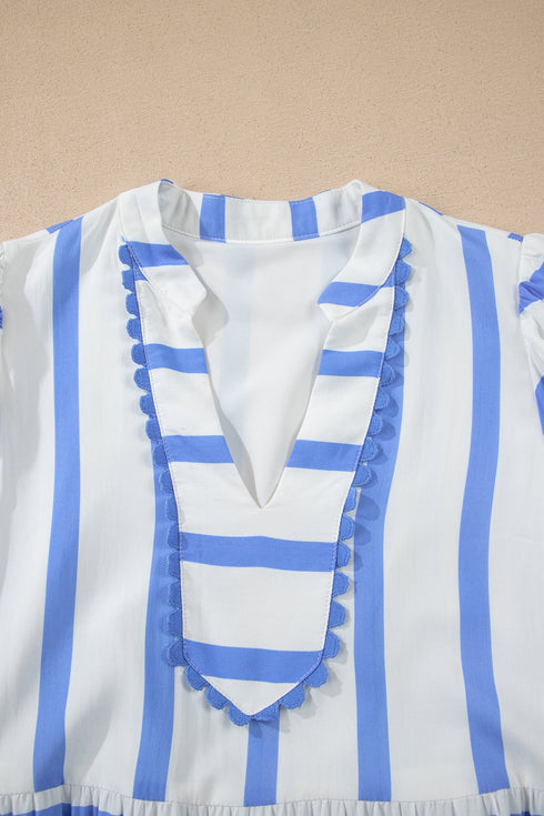 Southern Belle Striped Ricrac Trim Puff Sleeve Midi Dress
